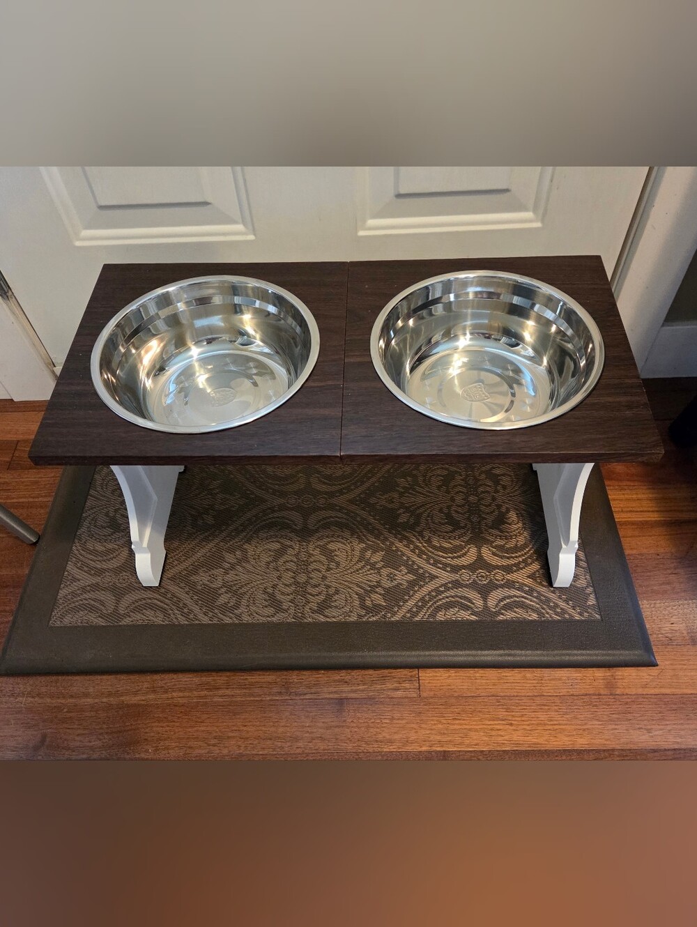 Elevated Double Pet Bowl Stand with Stainless Steel Bowls - White & Dark Wood